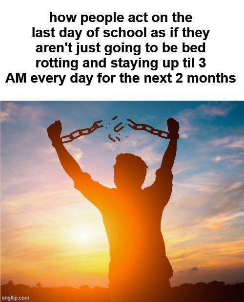me fr | how people act on the last day of school as if they aren't just going to be bed rotting and staying up til 3 AM every day for the next 2 months | image tagged in man breaking free from chains over the sunset,memes,fun,0,icycap0717 | made w/ Imgflip meme maker