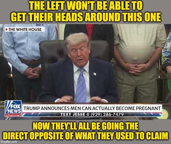 It's so confusing to be on the Left but no matter what, they'll go opposite of Trump | The left won't be able to get their heads around this one; Trump announces men can actually become pregnant; Now they'll all be going the direct opposite of what they used to claim | image tagged in fat man,men can get pregnant | made w/ Imgflip meme maker