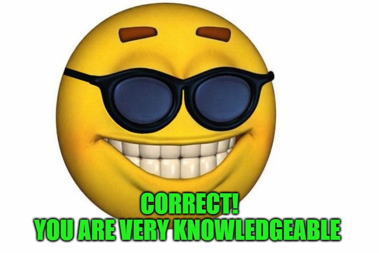 Smiley face without .jpg | Correct!
You are very knowledgeable | image tagged in smiley face without jpg | made w/ Imgflip meme maker