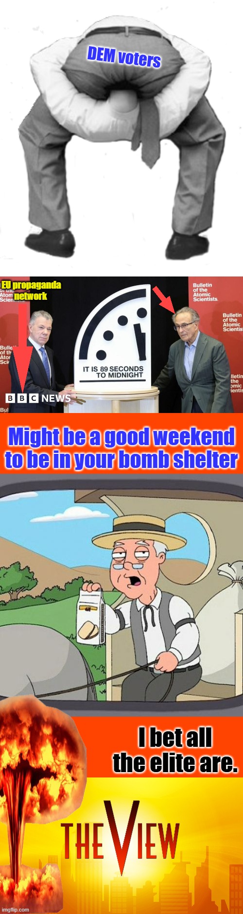 DEM voters; EU propaganda network; Might be a good weekend to be in your bomb shelter; I bet all the elite are. | image tagged in memes,pepperidge farm remembers | made w/ Imgflip meme maker