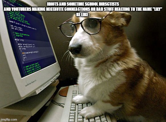 "lilY SkippeD clasS" | IDIOTS AND SOMETIME SCHOOL DIRSCTISTS AND YOUTUBERS MAKING NEGTAVITE CONNEACTIONS OR BAD STUFF REALTING TO THE NAME "Lily"
BE LIKE : | image tagged in corgi hacker,memes,facts,so true memes | made w/ Imgflip meme maker