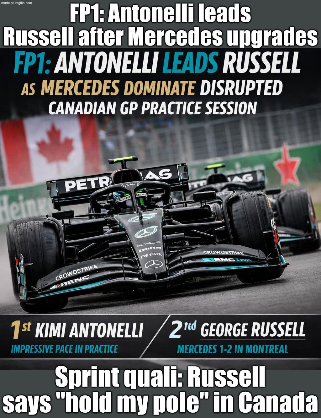 FP1: Antonelli leads Russell after Mercedes upgrades; Sprint quali: Russell edges Antonelli for Canada pole | FP1: Antonelli leads Russell after Mercedes upgrades; Sprint quali: Russell says "hold my pole" in Canada | image tagged in f1,formula 1,sports,canada,motorsport,meanwhile in canada | made w/ Imgflip meme maker