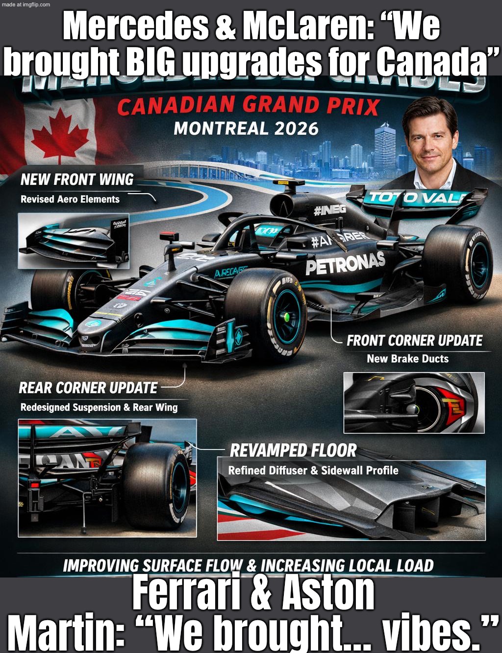 Mercedes & McLaren arriving in Canada with BIG upgrade packages; Ferrari & Aston Martin: "No new components submitted" | Mercedes & McLaren: “We brought BIG upgrades for Canada”; Ferrari & Aston Martin: “We brought… vibes.” | image tagged in f1,mercedes,ferrari,formula 1,vibes,upgrade | made w/ Imgflip meme maker