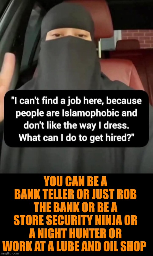 Funny | You can be a bank teller or just rob the bank or be a store security ninja or a night hunter or work at a lube and oil shop | image tagged in funny,politics,hunting,banking,security,oil | made w/ Imgflip meme maker