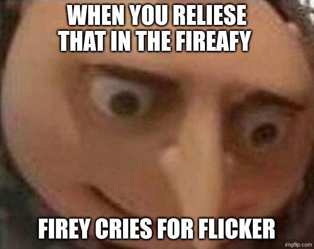 I don't really like the fireafy ship | when you reliese that in the fireafy; firey cries for flicker | image tagged in gru meme,bfdi | made w/ Imgflip meme maker