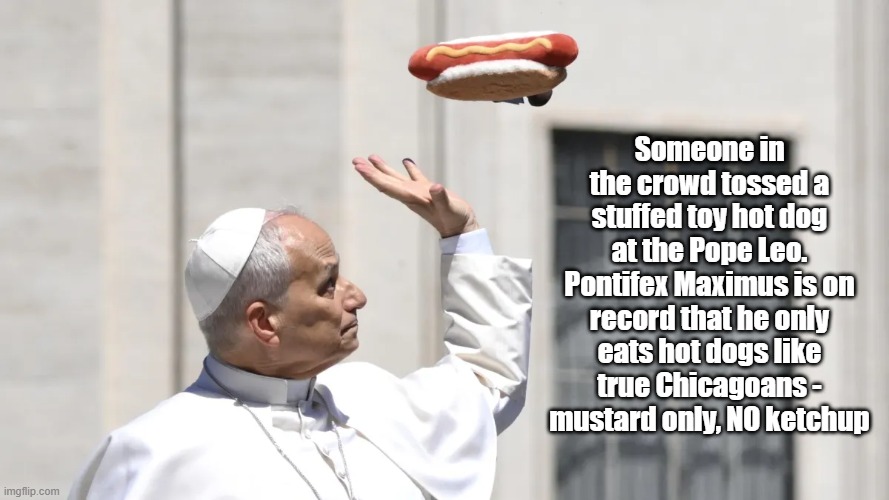 Pope Leo XIV Gifted With Flying Hot Dog | Someone in the crowd tossed a stuffed toy hot dog at the Pope Leo. Pontifex Maximus is on record that he only eats hot dogs like true Chicagoans -  mustard only, NO ketchup | image tagged in pope leo,pontifex maximum,hot dog,chicago | made w/ Imgflip meme maker