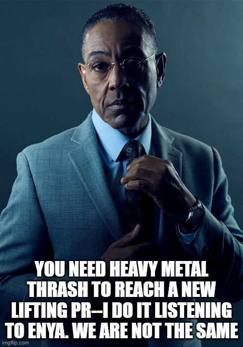 Metal is a Gym Crutch | you need heavy metal thrash to reach a new lifting pr--i do it listening to enya. we are not the same | image tagged in gus breaking bad,weight lifting,enya | made w/ Imgflip meme maker