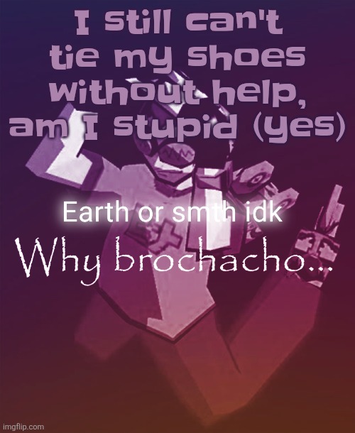 Why brochacho | I still can't tie my shoes without help, am I stupid (yes) | image tagged in why brochacho | made w/ Imgflip meme maker