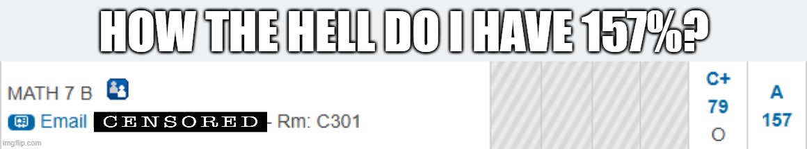 my question is HOW!?!? | How the hell do i have 157%? | image tagged in school meme,middle school,math,funny | made w/ Imgflip meme maker