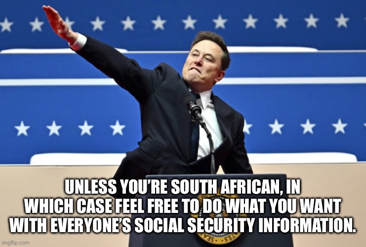 Unless you’re South African, in which case feel free to do what you want with everyone’s social security information. | image tagged in nazi elon | made w/ Imgflip meme maker