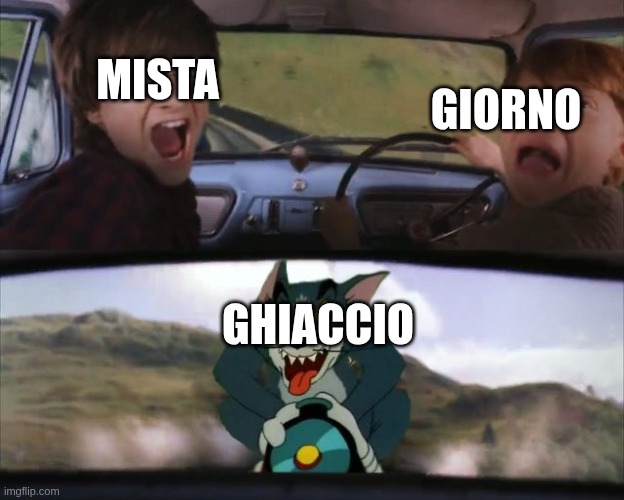 Tom chasing Harry and Ron Weasly | Mista; Giorno; Ghiaccio | image tagged in tom chasing harry and ron weasly | made w/ Imgflip meme maker