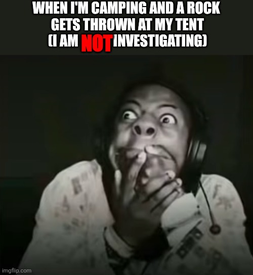 Speed Horrified | When I'm camping and a rock 
gets thrown at my tent
(i am             investigating); NOT | image tagged in speed horrified | made w/ Imgflip meme maker