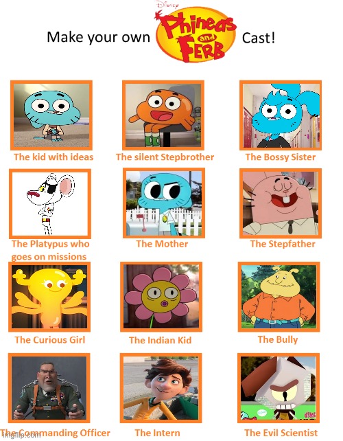 Gumball & Darwin (Phineas & Ferb) | image tagged in make your own phineas and ferb cast meme | made w/ Imgflip meme maker
