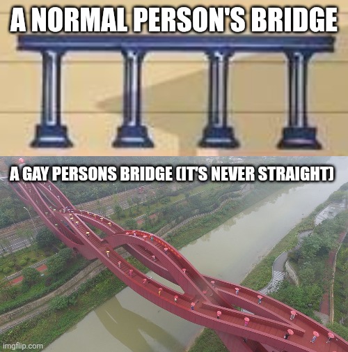 Not to make fun of lgbtq ppl (I thought of this meme) | a normal person's bridge; A gay persons bridge (it's never straight) | image tagged in bridge | made w/ Imgflip meme maker