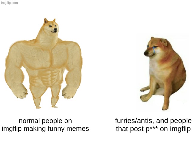 most of the time | normal people on imgflip making funny memes; furries/antis, and people that post p*** on imgflip | image tagged in memes,buff doge vs cheems,true,real,my opinion | made w/ Imgflip meme maker