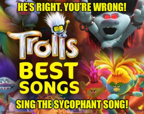 IMG_9215.jpeg | He’s right. You’re wrong! Sing the sycophant song! | image tagged in img_9215 jpeg | made w/ Imgflip meme maker