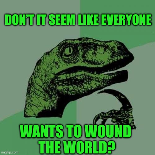 Philosoraptor Meme | Don’t it seem like everyone; Wants to wound
 the world? | image tagged in memes,philosoraptor | made w/ Imgflip meme maker