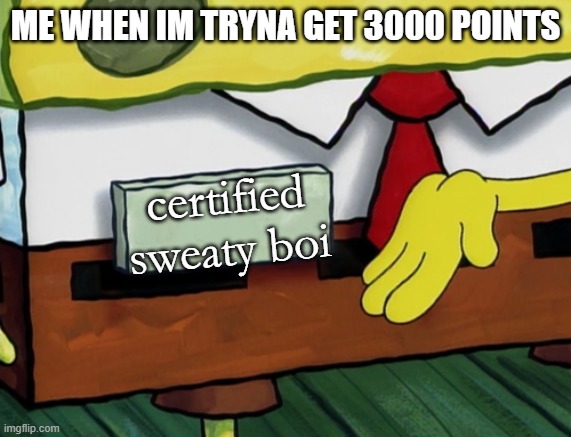 hm | me when im tryna get 3000 points; certified sweaty boi | image tagged in blank spongebob nametag meme,hmmm | made w/ Imgflip meme maker