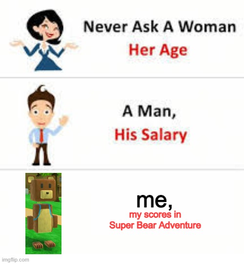 Never Ask Me on SBA | me, my scores in Super Bear Adventure | image tagged in never ask a woman her age | made w/ Imgflip meme maker