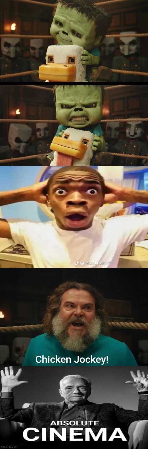 So I took an awfully-made meme from another stream and made it better. | image tagged in chicken jockey,absolute cinema,minecraft,minecraft movie,minecraft steve,omg | made w/ Imgflip meme maker