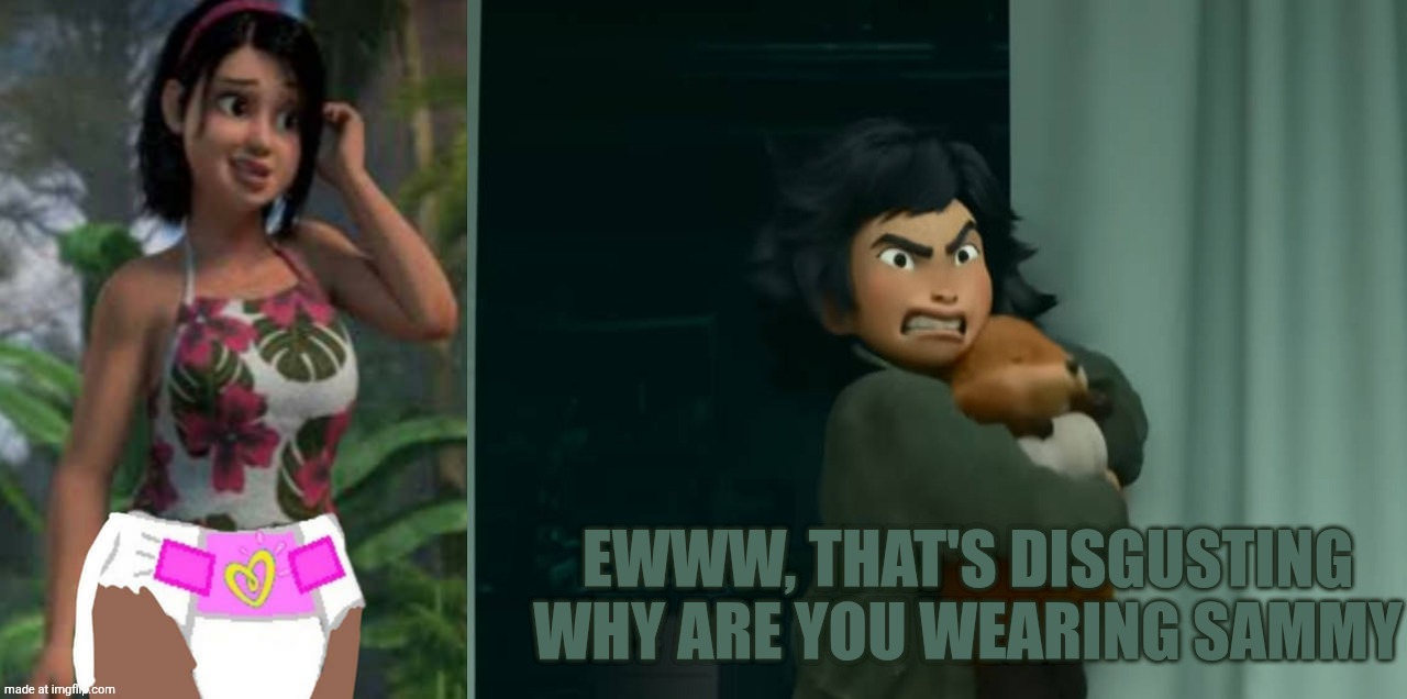 Mabel Dislikes Sammy Wearing A Diaper? | Ewww, that's disgusting why are you wearing Sammy | image tagged in who dislikes sammy wearing a diaper,deviantart,hoppers,jurassic world,disney,pixar | made w/ Imgflip meme maker