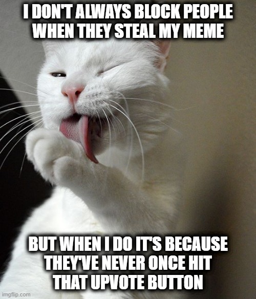Meme Stealing | I don't always block people
when they steal my MEME; But when i do it's because
they've never once hit
that upvote button | image tagged in stealing,stealing memes,official meme stealing license,meme stealing license | made w/ Imgflip meme maker