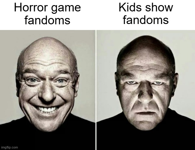 crazy how that works | Kids show
fandoms; Horror game
fandoms | image tagged in guy smiling then frowning,irony | made w/ Imgflip meme maker