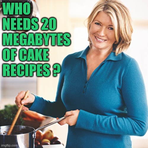 Martha Stewart Problems  | Who needs 20 Megabytes of cake recipes ? | image tagged in martha stewart problems | made w/ Imgflip meme maker