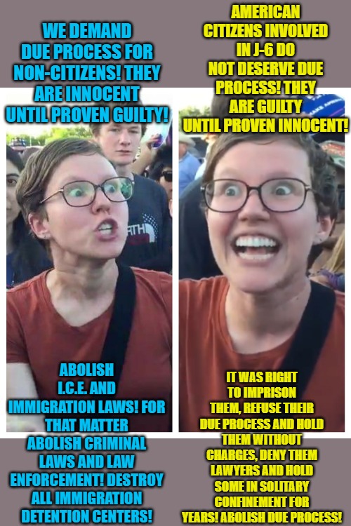 These aren't  Trump vs. Justice issues, these are Rule of Law issues. There is no room for hypocrisy no matter which party. | American citizens involved in J-6 do not deserve due process! They are guilty until proven innocent! We demand due process for non-citizens! They are innocent until proven guilty! Abolish I.C.E. and Immigration Laws! For that matter abolish criminal laws and law enforcement! Destroy all immigration detention centers! It was right to imprison them, refuse their due process and hold them without charges, deny them lawyers and hold some in solitary confinement for years! Abolish Due process! | image tagged in social justice warrior hypocrisy | made w/ Imgflip meme maker