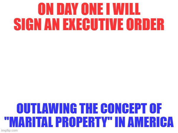 Marital Property | On day one I will sign an executive order; Outlawing the concept of "Marital Property" in America | image tagged in marriage,divorce,marital property | made w/ Imgflip meme maker