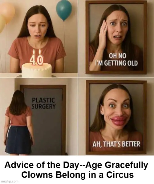 Cosmetic surgery? You’ll pay for the procedure, then pay more for the therapy. | Advice of the Day--Age Gracefully 
Clowns Belong in a Circus | image tagged in aging,botox,lips,caricature,keep it real,surgery | made w/ Imgflip meme maker
