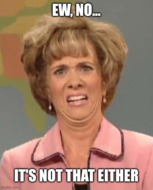Disgusted Kristin Wiig | Ew, no... It's not that either | image tagged in disgusted kristin wiig | made w/ Imgflip meme maker