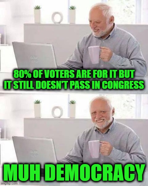 The Crime Syndicate is Installed, not Elected | 80% of voters are for it but it still doesn't pass in Congress; muh democracy | image tagged in memes,hide the pain harold | made w/ Imgflip meme maker