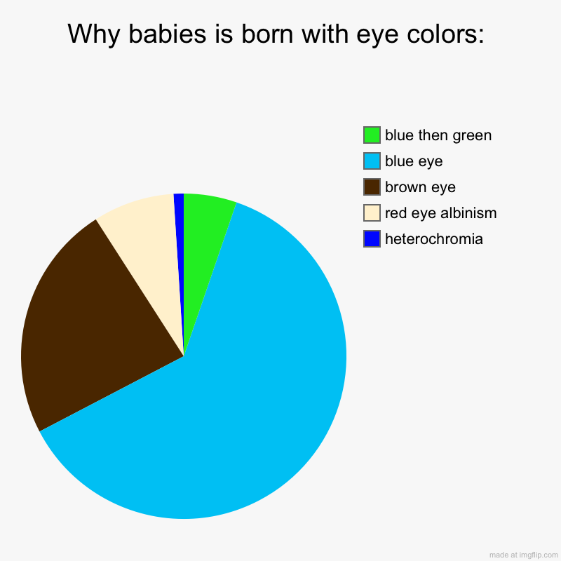 Oh no baby i was born with brown eye | Why babies is born with eye colors: | heterochromia, red eye albinism, brown eye, blue eye, blue then green | image tagged in charts,pie charts | made w/ Imgflip chart maker