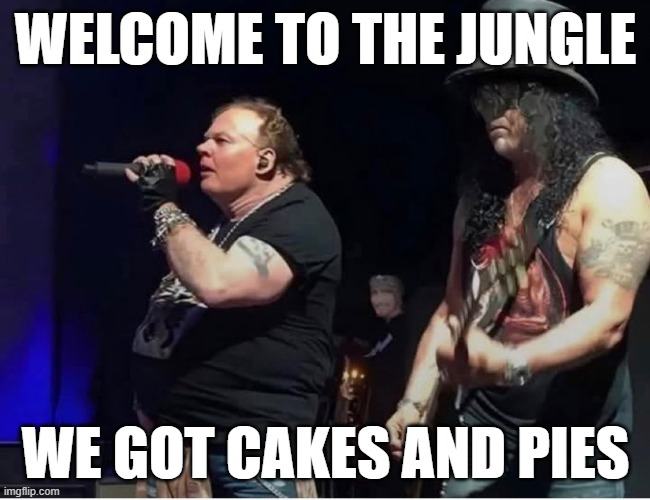 Axl is Gone | welcome to the jungle; we got cakes and pies | image tagged in guns n roses | made w/ Imgflip meme maker