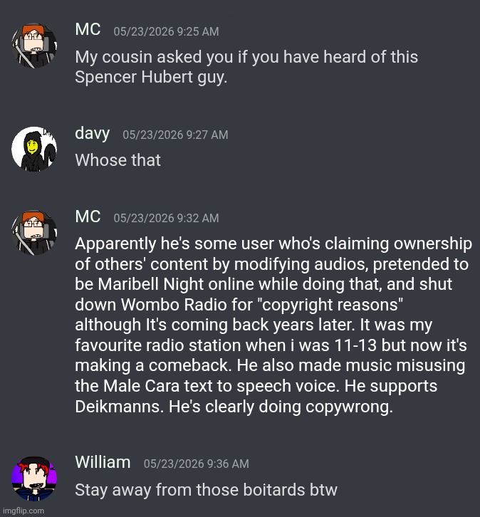 MC on strife with his cousin and Davy | image tagged in mc,william,davy,strife,spencer hubert | made w/ Imgflip meme maker