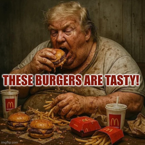 Trump eating McDonald's burgers | These burgers are tasty! | image tagged in trump fat heavy slob eats usaid food instead of sending it | made w/ Imgflip meme maker