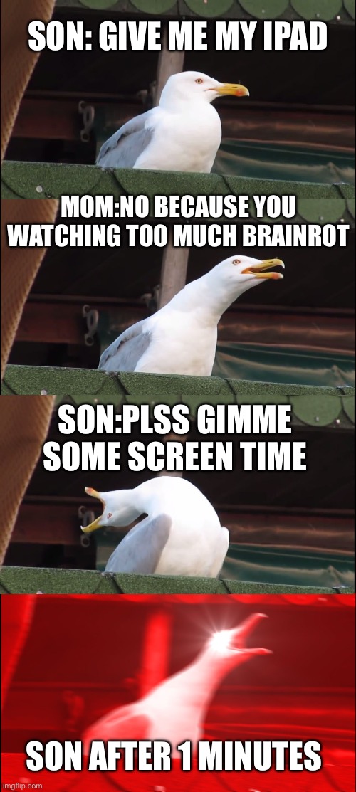 Kid trying get their ipad away from mom | Son: give me my ipad; Mom:no because you watching too much brainrot; Son:plss gimme some screen time; Son after 1 minutes | image tagged in memes,inhaling seagull | made w/ Imgflip meme maker