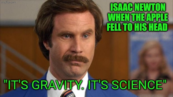 Will Ferrell It's Science | Isaac Newton when the apple fell to his head; "it's gravity. It's science" | image tagged in will ferrell it's science | made w/ Imgflip meme maker