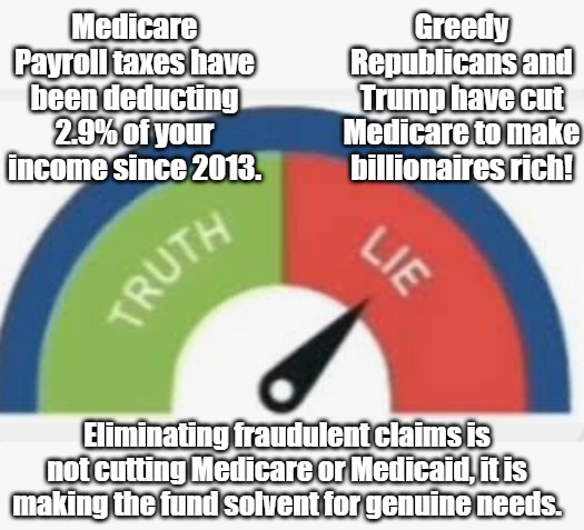 Democrats scream Trump and the GOP have cut Medicare. It is more than disingenuous, it's an intentional lie. You pay the same. | Greedy Republicans and Trump have cut Medicare to make billionaires rich! Medicare Payroll taxes have been deducting 2.9% of your income since 2013. Eliminating fraudulent claims is not cutting Medicare or Medicaid, it is making the fund solvent for genuine needs. | image tagged in truth or lie | made w/ Imgflip meme maker