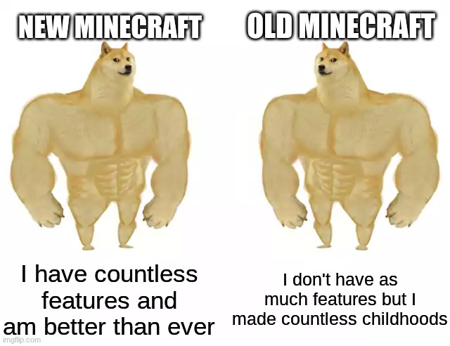 Buff Doge vs Buff Doge | old Minecraft; New Minecraft; I have countless features and am better than ever; I don't have as much features but I made countless childhoods | image tagged in buff doge vs buff doge | made w/ Imgflip meme maker