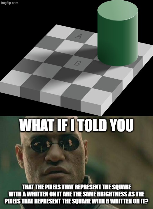 You Can Verify It With a Color Picker | What if I told you; that the pixels that represent the square with A written on it are the same brightness as the pixels that represent the square with B written on it? | image tagged in optical illusion,memes,matrix morpheus,illusion | made w/ Imgflip meme maker