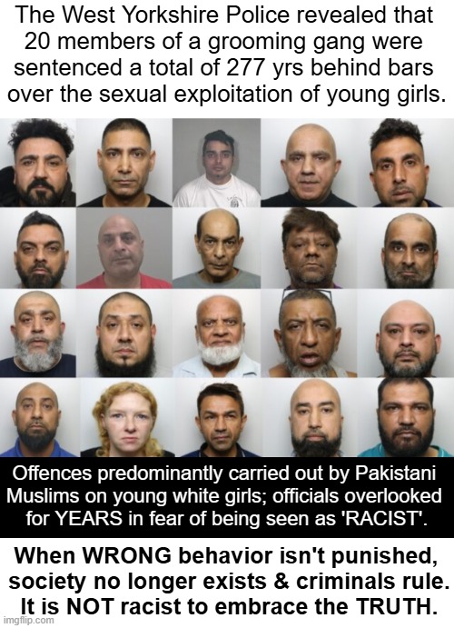 Public pressure finally compelled testimony which was just approved last year. | The West Yorkshire Police revealed that 
20 members of a grooming gang were 
sentenced a total of 277 yrs behind bars 
over the sexual exploitation of young girls. Offences predominantly carried out by Pakistani 

Muslims on young white girls; officials overlooked 

for YEARS in fear of being seen as 'RACIST'. When WRONG behavior isn't punished, 
society no longer exists & criminals rule.
It is NOT racist to embrace the TRUTH. | image tagged in that's racist,something's wrong i can feel it,race card,victims,tell me the truth i'm ready to hear it,the truth | made w/ Imgflip meme maker