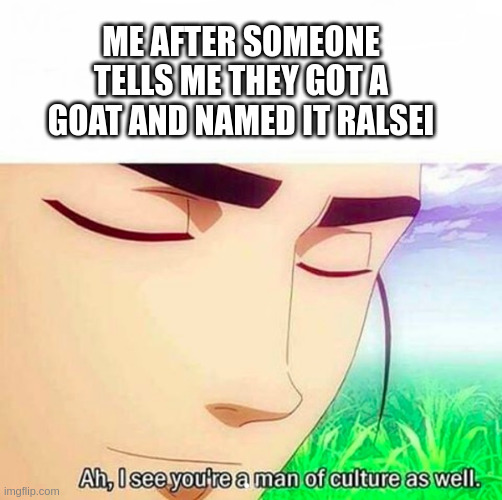 Ah,I see you are a man of culture as well | me after someone tells me they got a goat and named it ralsei | image tagged in ah i see you are a man of culture as well | made w/ Imgflip meme maker