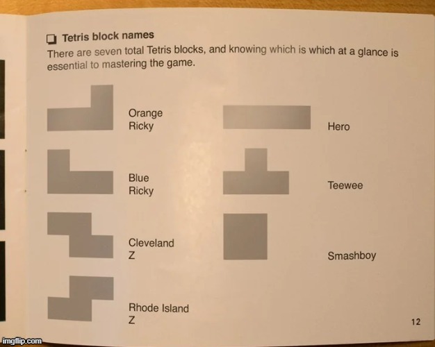 So apparently this screenshot of the NES Tetris manual is actually photoshopped and the real manual just uses the standard names | made w/ Imgflip meme maker