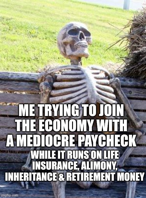 Waiting Skeleton Meme | ME TRYING TO JOIN THE ECONOMY WITH A MEDIOCRE PAYCHECK; WHILE IT RUNS ON LIFE INSURANCE, ALIMONY, INHERITANCE & RETIREMENT MONEY | image tagged in memes,waiting skeleton | made w/ Imgflip meme maker