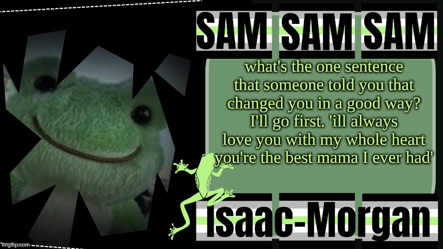 sam's fav frog temp | what's the one sentence that someone told you that changed you in a good way? I'll go first. 'ill always love you with my whole heart
you're the best mama I ever had' | image tagged in sam's fav frog temp | made w/ Imgflip meme maker