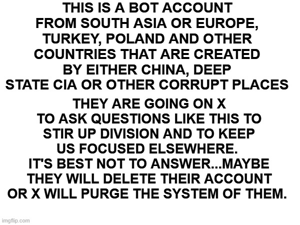 bot accounts | This is a bot account from south asia or europe, turkey, poland and other countries that are created by either china, deep state CIA or other corrupt places; they are going on X to ask questions like this to stir up division and to keep us focused elsewhere. 
it's best not to answer...maybe they will delete their account or X will purge the system of them. | made w/ Imgflip meme maker