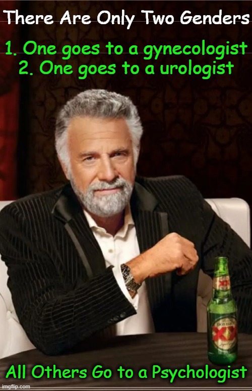 Hat tip to Jeff Crouere, Real America's Voice | There Are Only Two Genders; 1. One goes to a gynecologist

2. One goes to a urologist; All Others Go to a Psychologist | image tagged in gender confusion,2 genders,gynecologist,urologist,psychologist,political humor | made w/ Imgflip meme maker