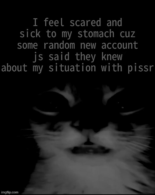 this person JUST joined (also yes ik I've posted about it before but this feels different, I just feel exposed in a way) | I feel scared and sick to my stomach cuz some random new account js said they knew about my situation with pissr | image tagged in orange cat uncanny stare | made w/ Imgflip meme maker